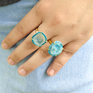 Natural Blue Agate Druzy Gemstone <b>Adjustable</b> <b>Rings</b> 18k Gold Plated Brass Trendy Unique Style Women Fashion Jewelry Gift Her - Product Image 3