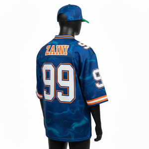 T-shirt 100% coton pour homme, coupe ample, imprimé, maillot de football pour homme, polyester, maille, panneaux bleus et oranges, logo brodé personnalisé - Product Image 5