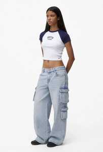 ONETEN APPAREL T-shirt court pour femme à manches raglan, col rond, en jersey de coton, blanc et bleu marine, uni, décontracté, printemps-été - Product Image 6