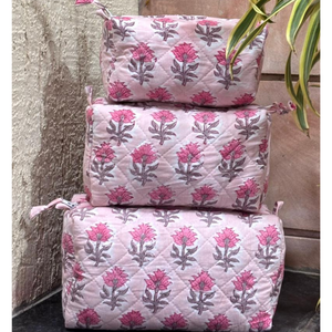 Premium Floral Pink Jaipur Hand block print Quilted cotton <b>toiletry</b> bag Set Zip Closure PVC Lining Sustainable Non Toxic Dyes - Product Image 1