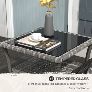 Tavolino da Caffè Pieghevole in Rattan per Esterni con 2 Ripiani, Tavolino Quadrato con Piano in Vetro Temperato e Telaio in Alluminio Grigio - Product Image 6