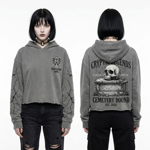 Sweat à capuche surdimensionné pour femme, 400 GSM, gris anthracite, délavé minéral, avec motif crâne de gargoyle à yeux rouges et imprimé ailes sur les manches, style gothique - Product Image 5