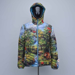 Mens Hooded Quilted Puffer <b>Jacket</b> With Sublimation Forest Print Zipper Closure Water Resistant Polyester Filled Puffer Coat OEM - Product Image 1