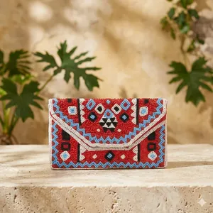 Women Beaded <b>Envelope</b> Clutch Geometric Pattern Bohemian Style Flap Closure Party Wedding Handbag - Product Image 5