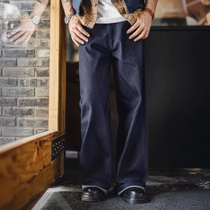 Vaqueros de mezclilla cruda selvedge de 15.6 oz para hombre, estilo vintage moderno, de pierna ancha con cierre de cremallera YKK, lavado oscuro, corte recto, casual - Product Image 2