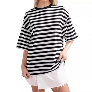 Camiseta deportiva de seda larga con cuello redondo y rayas para mujer, holgada, personalizada, al por mayor - Product Image 1