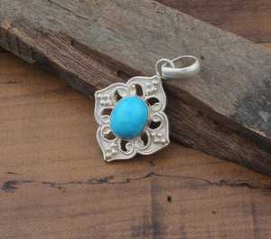 Blue Turquoise Sterling Silver Bezel Setting Vintage Style Ethnic Statement Pendant Children's Women's Unisex Gift - Product Image 2