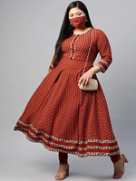 Kurta Anarkali en coton marron à motifs floraux pour femmes grandes tailles, col rond, manches trois quarts, tenue confortable pour tous les jours