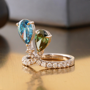 Vivid Blue Green Pear Cut Lab Grown Diamond <b>Ring</b> 14K <b>Gold</b> Rare Color Statement Stylish Fashion <b>Rings</b> - Product Image 2