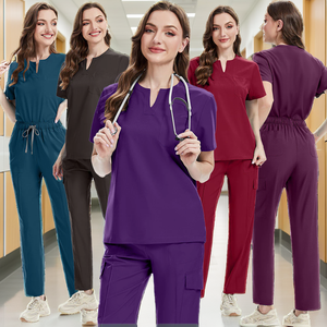 Uniforme de Enfermera Personalizado FMF Unisex con Cuello en V, Manga Corta, Tela Elástica Tejida, Bolsillos, Traje de Trabajo, Poliéster/Rayón - Product Image 4