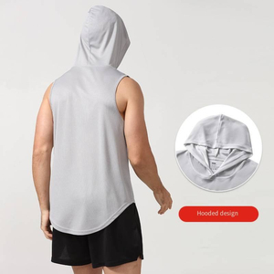 Men's Sleeveless Hooded Gym Vest Breathable Mesh Quick-Dry Curved Hem Athletic Tank <b>Top</b> Fitness Wholesale OEM - Product Image 5