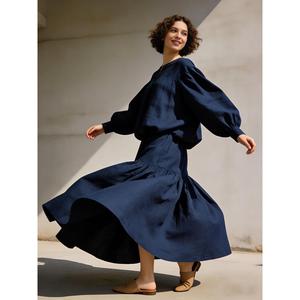 Vestido Maxi de Lino y Algodón Azul Marino Sólido para Mujer, Vestido Holgado de Estilo Bohemio con Mangas Abullonadas - Product Image 3