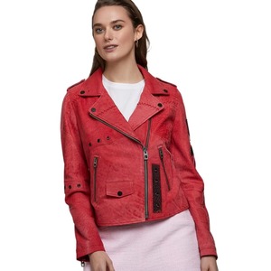 Blouson moto tendance en daim rouge pour femme, col rabattu, fermeture éclair, manches longues, idéal pour l'automne, fournisseur OEM - Product Image 1