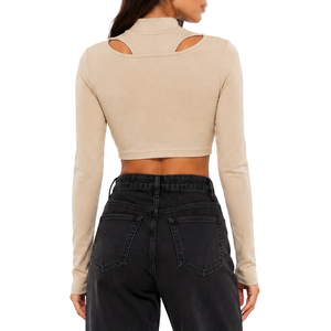 Women's Long Sleeve <b>Mock</b> <b>Neck</b> Cutout Crop <b>Top</b> Stretch Slim Fit Casual Fashion Shirt Soft Fabric Custom Logo Tee women's shirt - Product Image 2