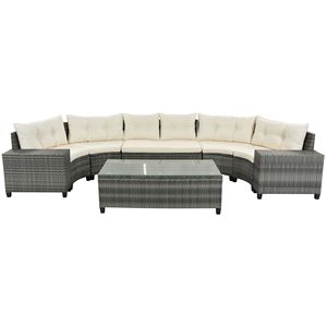 GO Outdoor Wicker Sofa Set 8-Pieces All Weather PE Rattan UV Protected Mobile Cushion Rectangular Coffee Table Half-Moon - Product Image 4