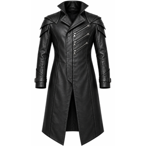 Men's Black Gothic <b>Leather</b> <b>Long</b> <b>Coat</b> Steampunk <b>Trench</b> <b>Coat</b> with Layered Shoulder Panels Triple Zipper Detail High Collar Custom - Product Image 1