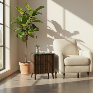 Table d'appoint moderne avec 2 tiroirs, en MDF acacia, placage chêne, plateau en marbre, design dynamique pour salles à manger et espaces de vie. chambre à coucher. - Product Image 4