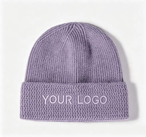 Purple Cuffed Knit <b>Beanie</b> Hat Unisex Winter Casual <b>Slouchy</b> Cap With Embroidered Logo Embroidered & Customized OEM Designs - Product Image 1