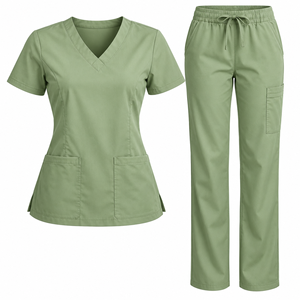 Moss Green <b>Womens</b> Medical Scrub Set V Neck <b>Short</b> Sleeve Pocket Top Drawstring Straight Leg <b>Trousers</b> Nursing Uniform Clinic Wear - Product Image 3