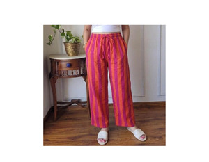 Pantalon palazzo bohème d'été pour femme en coton rose-orange à motifs floraux/animaliers, séchage rapide, écologique, taille haute, coupe large - Product Image 1