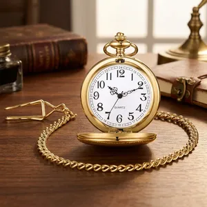 Montre de poche pour homme, vintage, en alliage, analogique, dorée, avec chaîne, style classique antique - Product Image 6