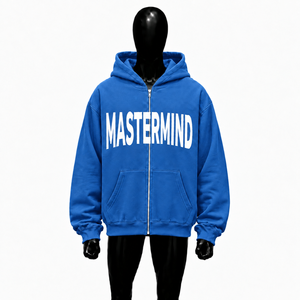 Sweat à capuche zippé surdimensionné bleu roi personnalisé pour homme, streetwear, imprimé graphique blanc, épaules tombantes, fermeture éclair intégrale, décontracté - Product Image 1