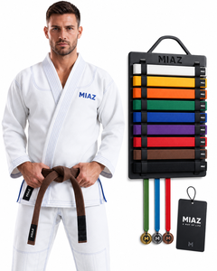MIAZ BJJ Kimono Unisex White Polyester/Cotton Taekwondo Gi with Brown Belt Belt <b>Rack</b> Set Martial Arts Training Custom Printing - Product Image 1