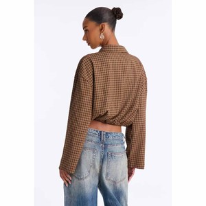 Women Autumn Fashion Long Sleeve Brown <b>Plaid</b> Print Casual Turn Down Collar Elastic Hem Cropped Button Up <b>Shirt</b> Top - Product Image 4