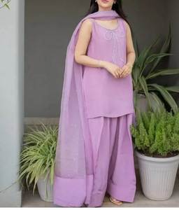 Nouvel ensemble Salwar Kameez 3 pièces moderne et réversible pour femme, respirant, séchage rapide, toutes saisons, pour fêtes, en soie crêpe Farshi - Product Image 5
