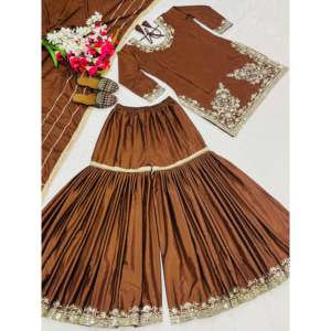 ชุดเสื้อผ้าชาวาร่า ปาลาซโซ่ ซาลวาร์ คามีซ ผ้าโพลีเอสเตอร์ ปักลายเลื่อม งานปักลายสำหรับงานปาร์ตี้ พร้อมผ้าคลุมไหล่ สำหรับโอกาสพิเศษ - Product Image 2