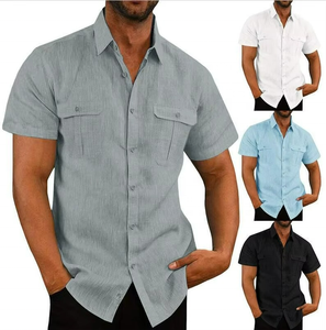 Chemise décontractée en coton et lin pour homme, manches courtes, respirante, taille XL, col rabattu, couleur unie, poches, sergé – Vente en gros pour l'été - Product Image 6