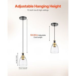 Set di 2 Lampade a Sospensione con 1 Luce, Paralume in Vetro Trasparente, Illuminazione per Isola Cucina, Cavo Regolabile, Lampadari Neri - Product Image 3