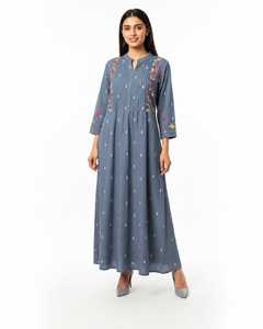 Blue Floral Embroidered Linen Maxi Dress Women V-neck Tunic Dress <b>Wedding</b> Party All Seasons - Product Image 1