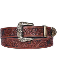 Ceinture en cuir de vachette pleine fleur Western unisexe rétro marron avec sculpture et gaufrage floraux Western en gros - Product Image 4