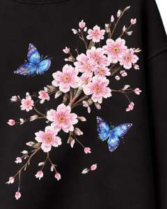 Sudadera de Forro Polar Negra Extra Grande Personalizada para Mujer, Cuello Alto, Estampado Floral de Mariposas, Sudadera Informal Cálida para Invierno, Ropa de Calle - Product Image 5