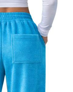 Pantalones de chándal de forro polar azul cielo para mujer, de pierna ancha, con ribete lateral, cintura elástica con cordón, ajuste holgado informal, estilo jogger, para estar en casa - Product Image 5