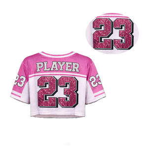 Jersey Corto de Fútbol Americano con Gráficos de Diamantes de Imitación para Mujer, Transpirable, Estilo Urbano, Cuello en V, Top Deportivo, Personalizado, OEM, Marca Privada - Product Image 4