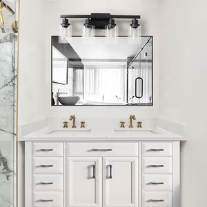 Applique da Parete Industriale Moderna Nera da 24 Pollici a 4 Luci per Bagno con Paralumi in Vetro Trasparente, Specchio e Illuminazione per Vanità - Product Image 3