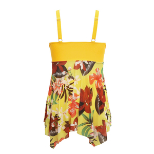 Women <b>Plus</b> <b>Size</b> Yellow Floral <b>Tankini</b> Swimwear Set With Skirt Bottom And Crossed Halter Top - Product Image 2