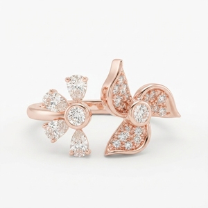 18K Rose Gold Flower <b>Ring</b> 0.369 CT Pear & Round Lab Grown Diamond 2.05g Open Statement Jewelry Nature Inspired Dainty <b>Ring</b> - Product Image 1