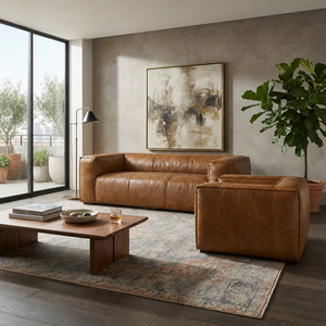 Ensemble de canapés modernes en cuir véritable avec accoudoirs carrés et dossier rigide, canapé et fauteuil rembourrés pour salon, canapé en cuir - Product Image 3