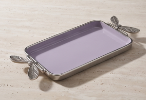 Plateau de service rectangulaire moderne en émail violet, plateau de table en métal de luxe avec poignées uniques en forme de feuille - Product Image 4