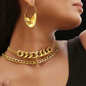 Collar de cadena de doble capa PRAO con pendientes chapado en oro conjunto de joyería de moda antideslustre - Product Image 4