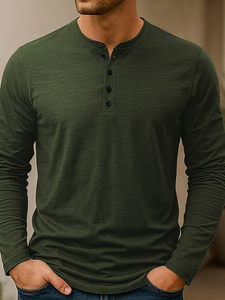 Men's Comfortable And Soft Open-Barrel Button Small Stand-<b>Up</b> Collar Slim-Fit Long-Sleeved T-Shirt Suitable to Daily Work Outdoor - Product Image 2