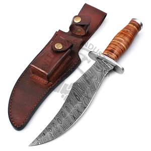 Nuevo cuchillo Bowie de Damasco, cuchillo de caza de hoja fija, cuchillo de supervivencia táctico para camping con funda de cuero y mango con protector de acero. - Product Image 5