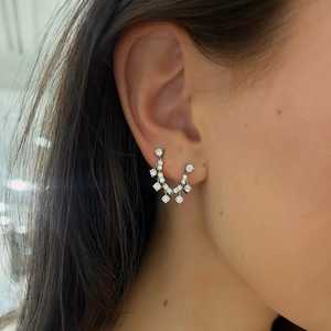ต่างหูเพชรทรงหยดน้ำแบบเจาะสองรู ทองคำแท้ 14k 18k เพชรทรงกลมเพาะเลี้ยงในห้องปฏิบัติการ ดีไซน์ทันสมัยแบบเกี่ยวหลัง พร้อมสายโซ่ เครื่องประดับชั้นดี - Product Image 2