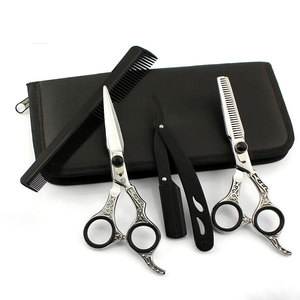 Professional Stainless Steel <b>Barber</b> Hair Cutting and Thinning Scissors <b>Set</b> with Straight Razor and Zipper Case - Product Image 1