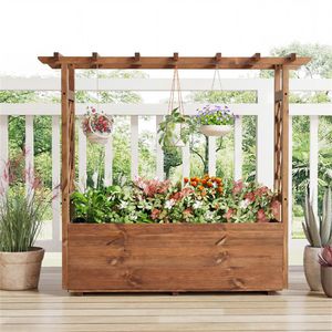 Jardinera Elevada de Madera de Pino 100% Natural con Diseño de Techo Colgante, Elegante Valla, Enrejado y Puertas - Product Image 3