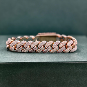 RB Gems Pulsera de Plata de Ley con Baño de Oro Rosa, 14K, 12mm, con Diamantes VVS de Corte Corazón Engastados en Bisel, 2 Filas, Estilo Cubano Iced, Romántica, Certificación GIA Fina - Product Image 2