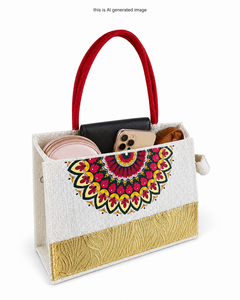 Bolsa de Yute Blanca con Estampado Floral Digital y Parche de Cuero Artificial Dorado, Elegante Bolsa de Mano para Mujer, Bolsa de Compras - Product Image 4